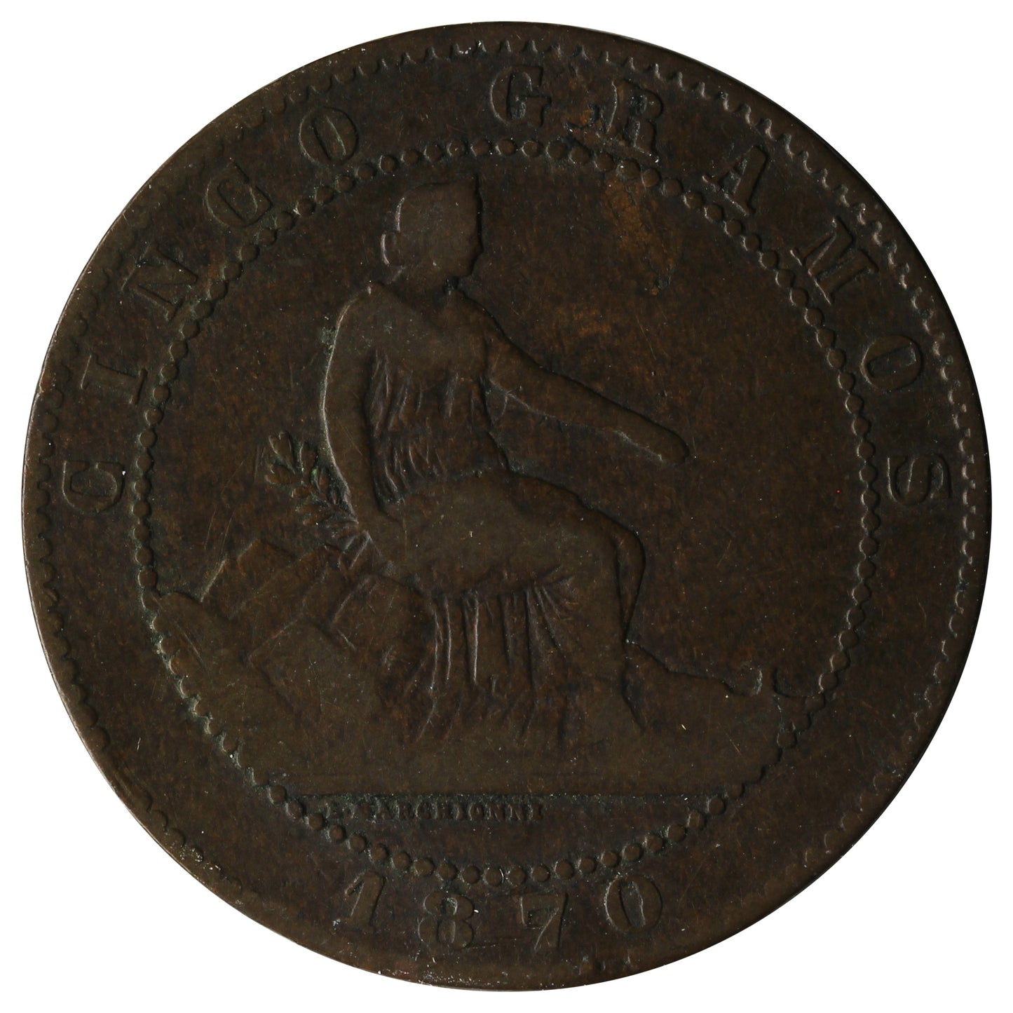 Spain 1870OM 5 Centimos Very Fine (VF20)