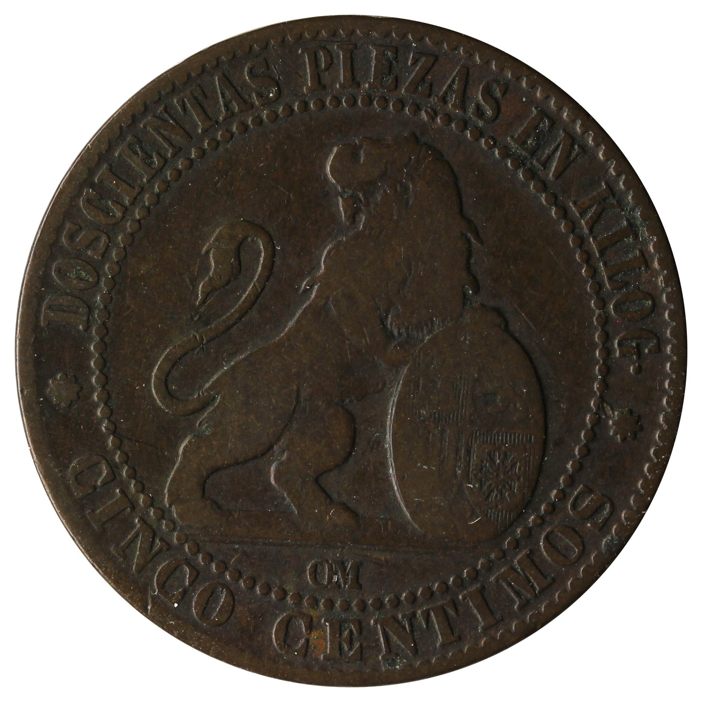 Spain 1870OM 5 Centimos Very Fine (VF20)