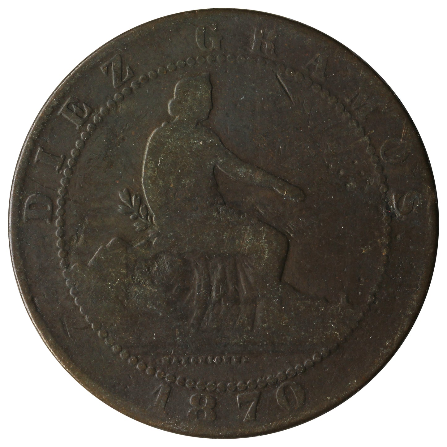 Spain 1870OM 10 Centimos F-VF (F15)