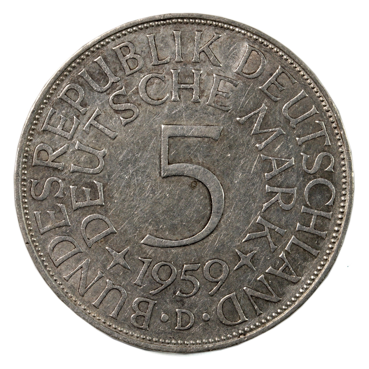 Germany 1959D 5 Marks Extra Fine (EF40) $
