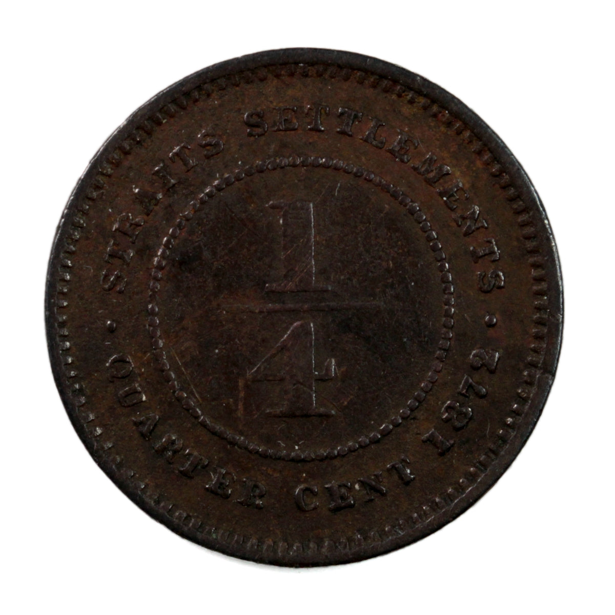 Straits Settlements 1872H 1/4 Cent Very Fine (VF20) $
