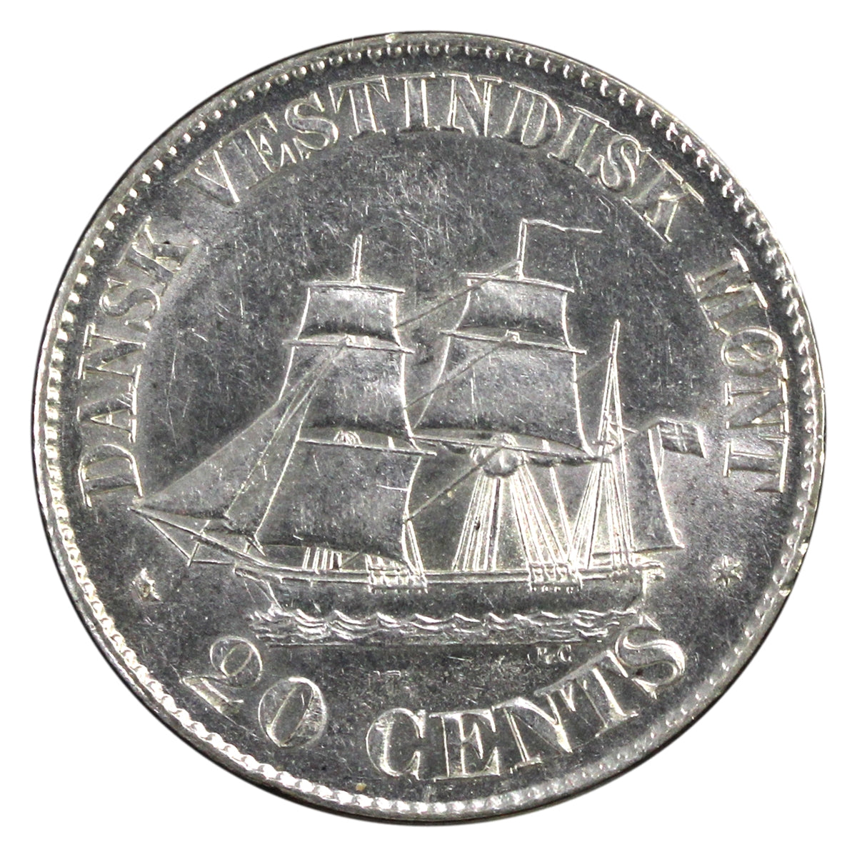 Danish West Indies 1862 20-cents AU-UNC (AU55) $