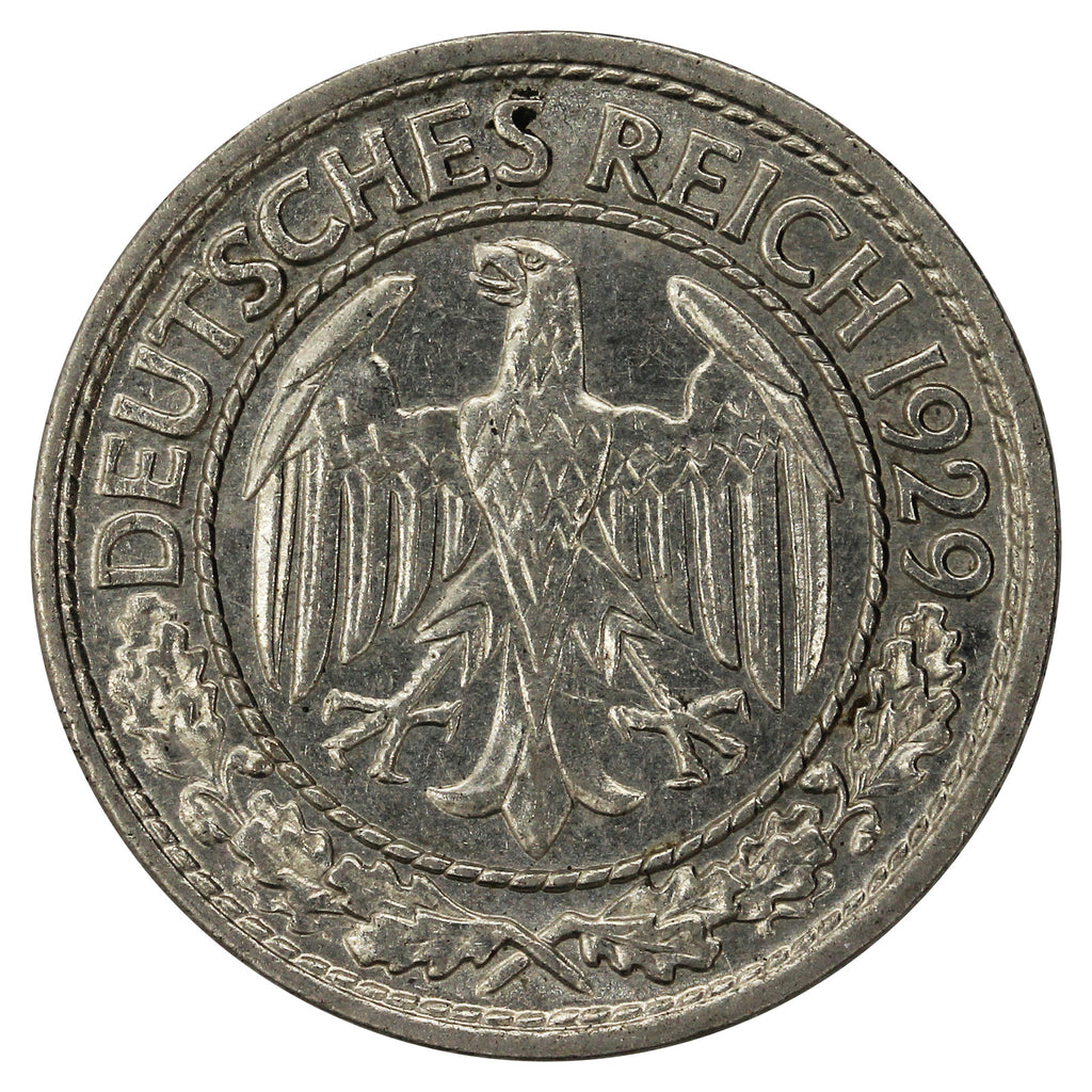 German Weimar Republic 1929A 50 Pfennig Almost Uncirculated (AU50)