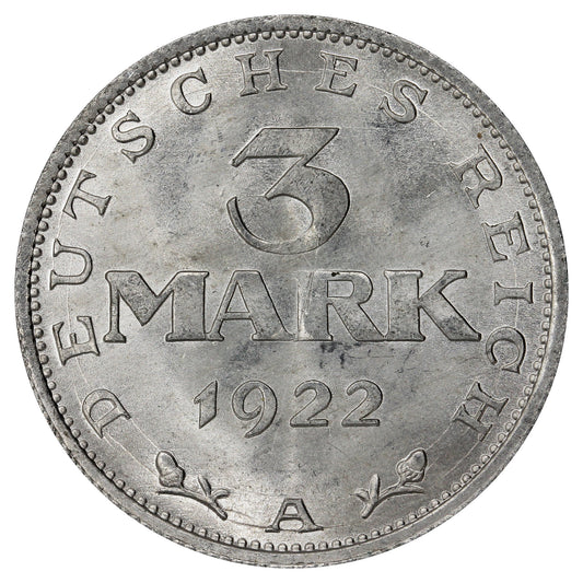 German Weimar Republic 1922A 3 Marks Uncirculated (MS60)