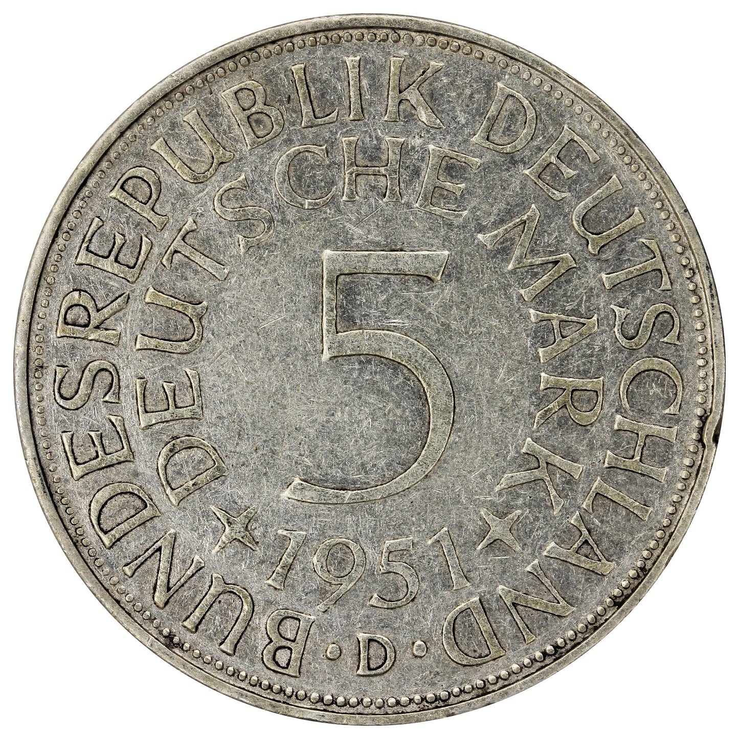 Germany 1951D 5 Marks Extra Fine (EF40)