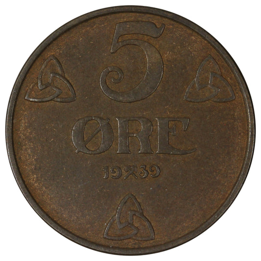 Norway 1939 5 Ore Extra Fine (EF-40)