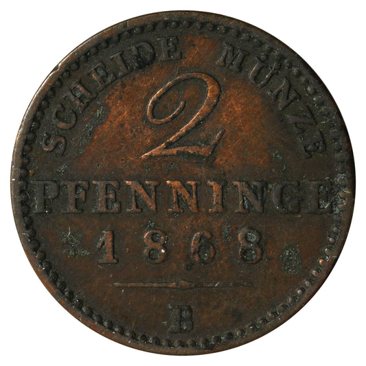 German States 1868B Prussia 2 Pfennig Almost Uncirculated (AU50)