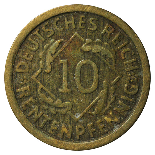 German Weimar Republic 1924F 10 Pfennig Very Fine (VF20)