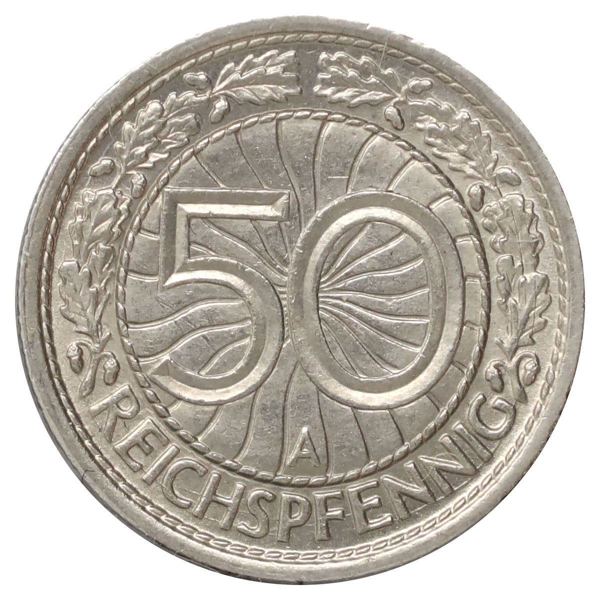 German Weimar Republic 1928A 50 Pfennig Almost Uncirculated (AU50)