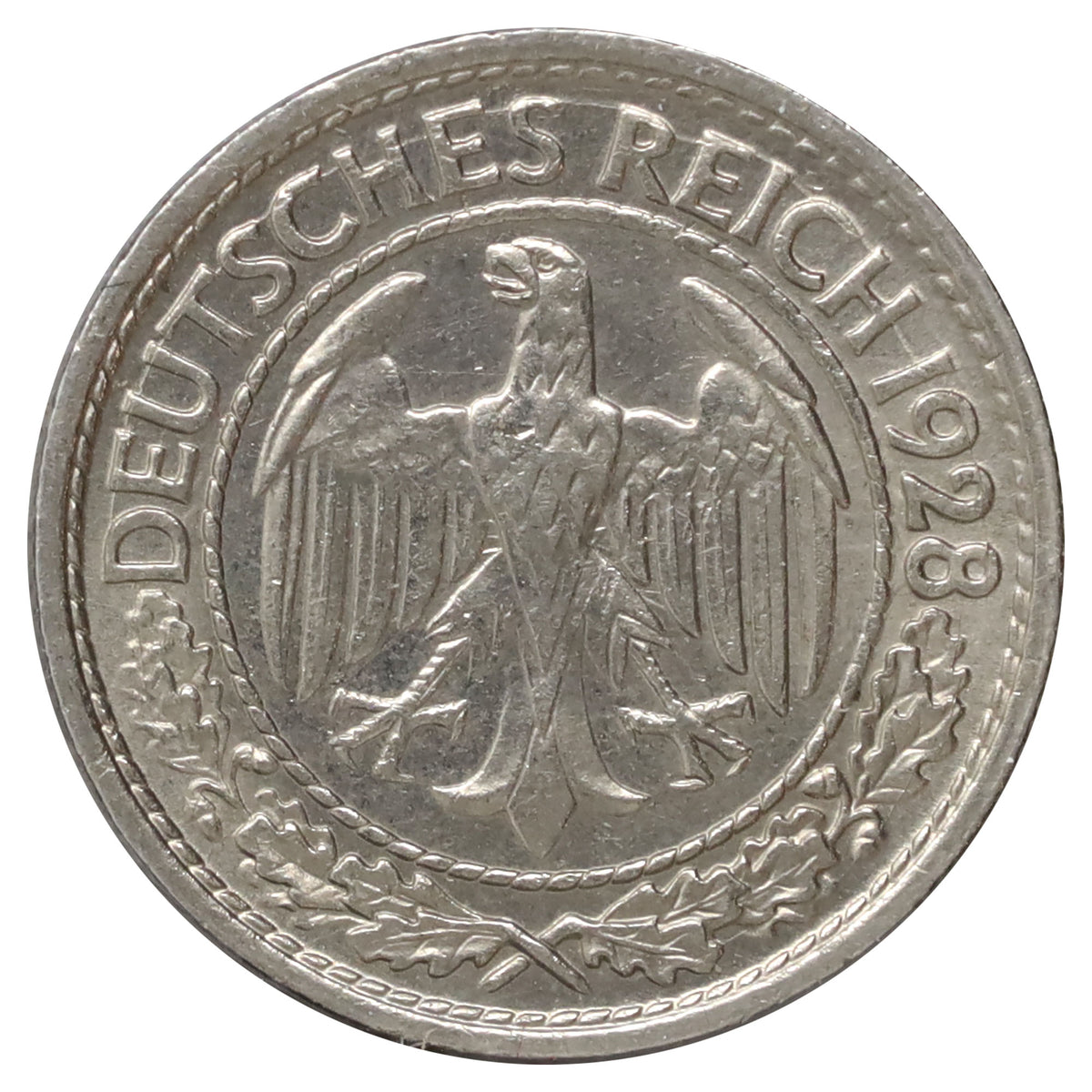German Weimar Republic 1928A 50 Pfennig Almost Uncirculated (AU50)