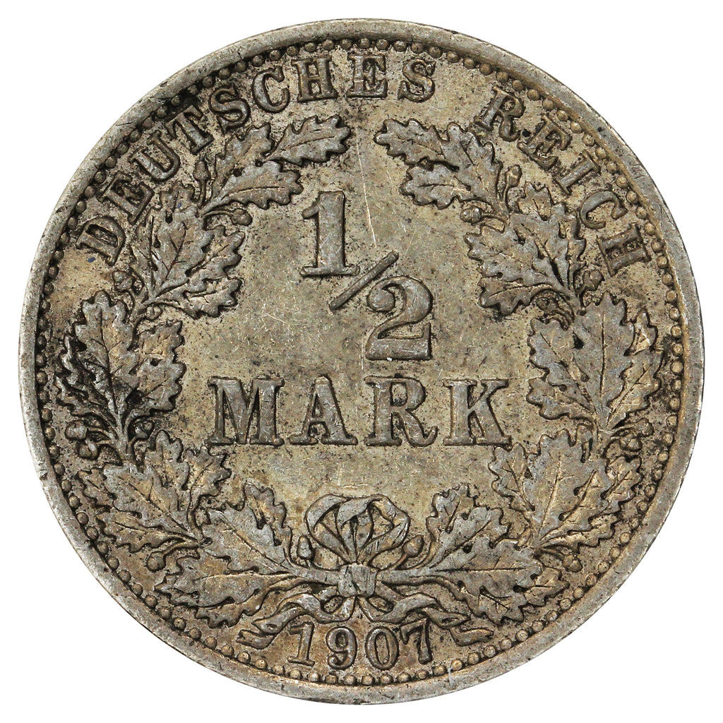 German Empire 1907A 1/2 Mark Almost Uncirculated (AU50)