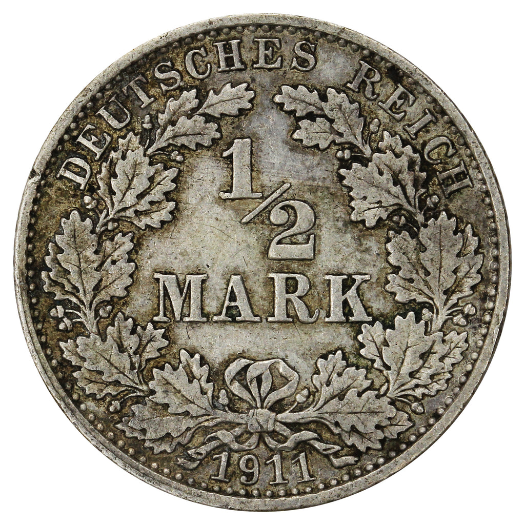 German Empire 1911D 1/2 Mark Extra Fine (EF40)