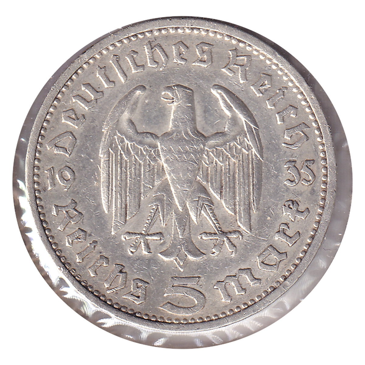 German Third Reich 1935F Hindenburg 5 Marks Almost Uncirculated (AU50)