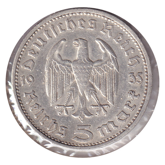 German Third Reich 1935F Hindenburg 5 Marks Almost Uncirculated (AU50)
