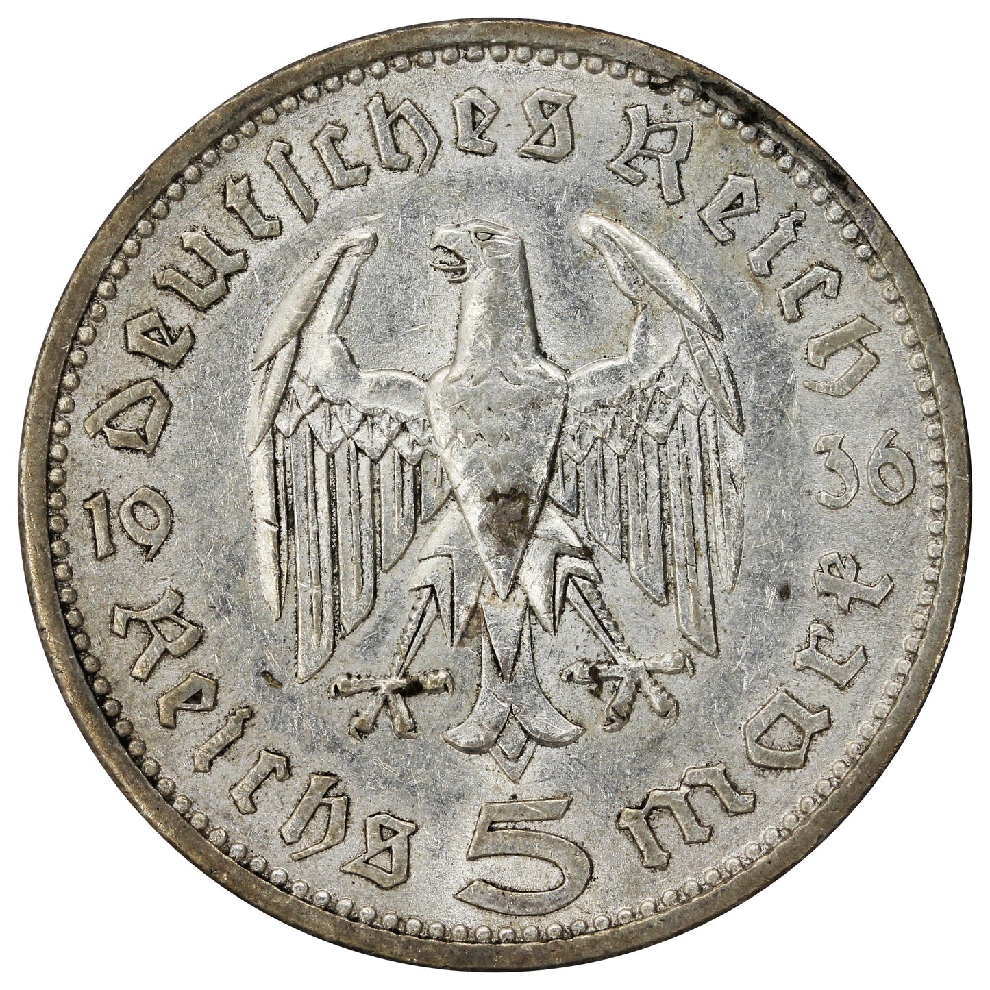 German Third Reich 1936A Hindenburg 5 Marks EF-AU (EF45)