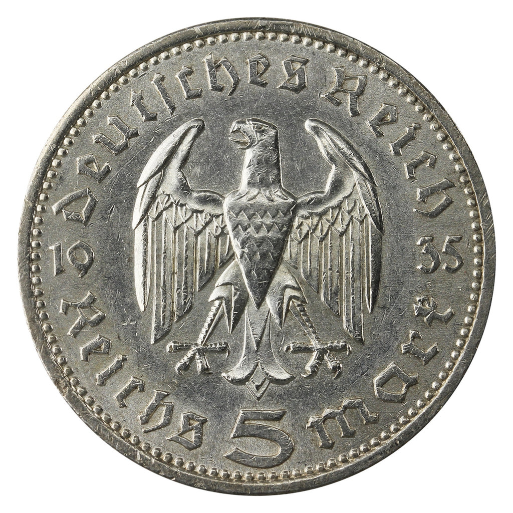 German Third Reich 1935A Hindenburg 5 Marks Almost Uncirculated (AU50)