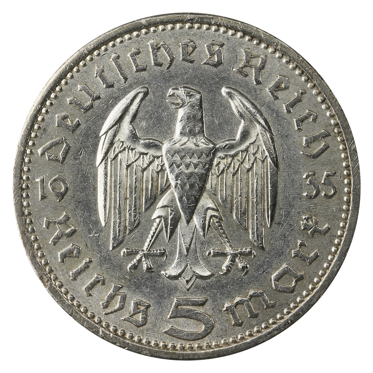 German Third Reich 1935A Hindenburg 5 Marks Almost Uncirculated (AU50)
