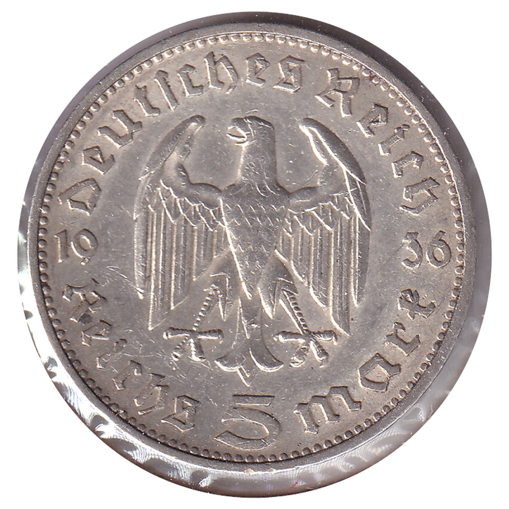 German Third Reich 1936F Hindenburg 5 Marks Extra Fine (EF40)