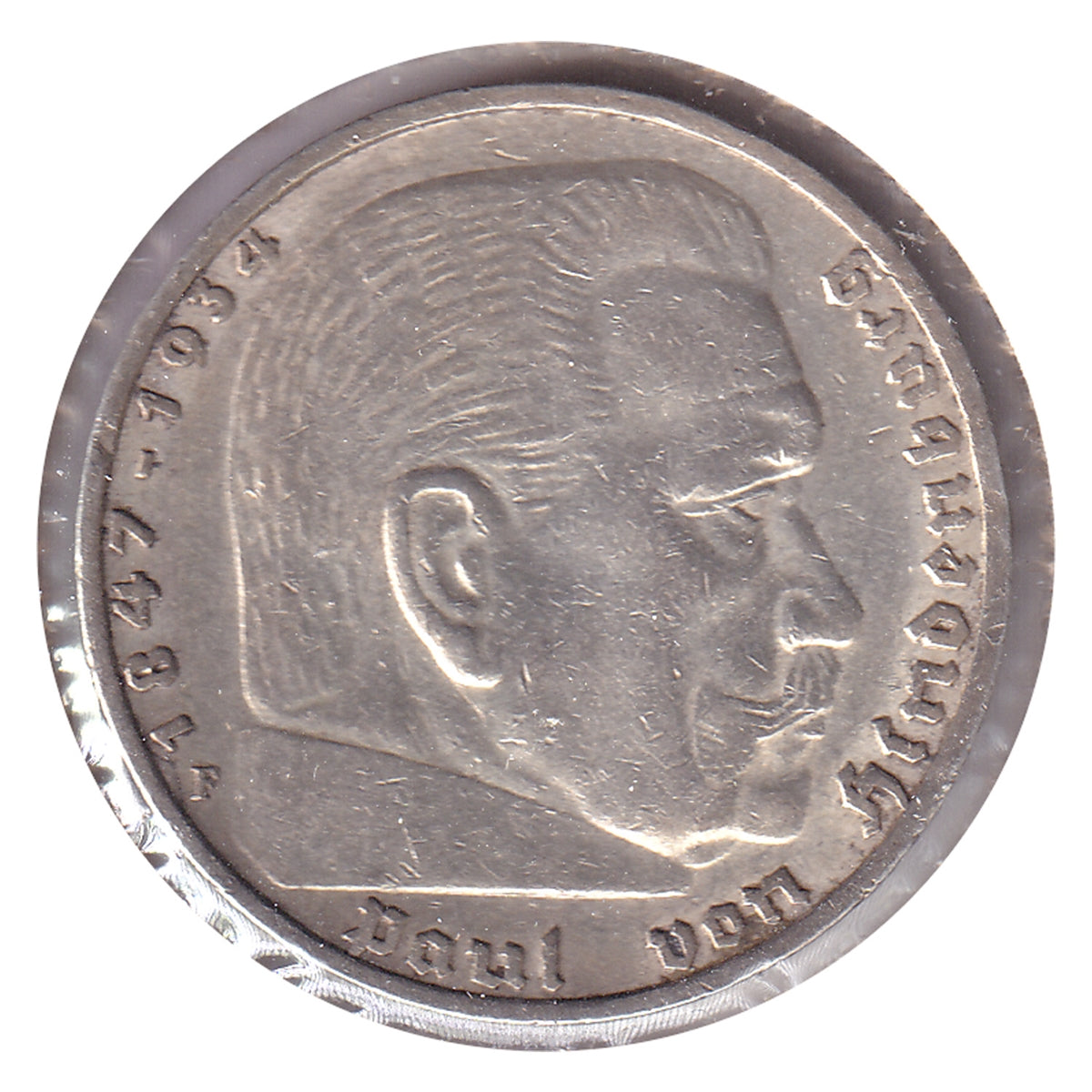German Third Reich 1936F Hindenburg 5 Marks Extra Fine (EF40)