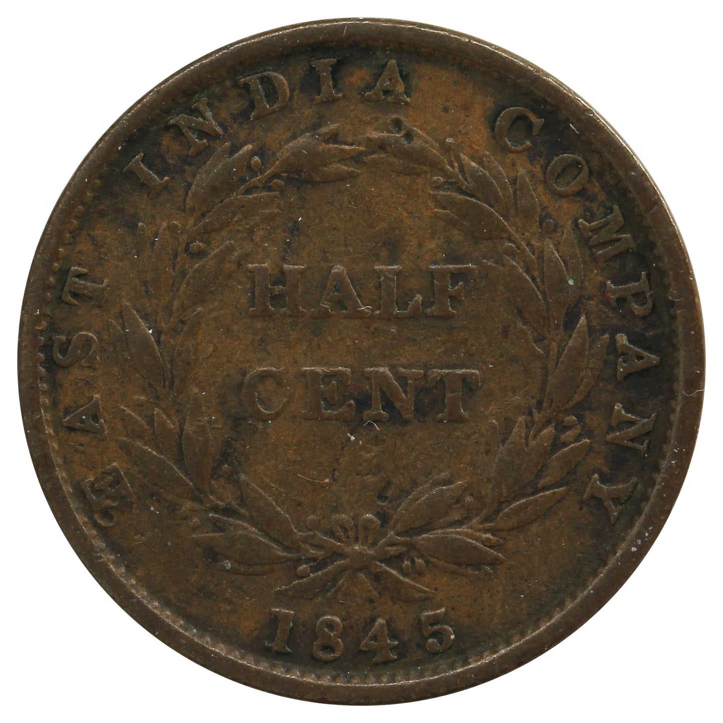 East India Company 1845 1/2 Cent VG-F (VG10)