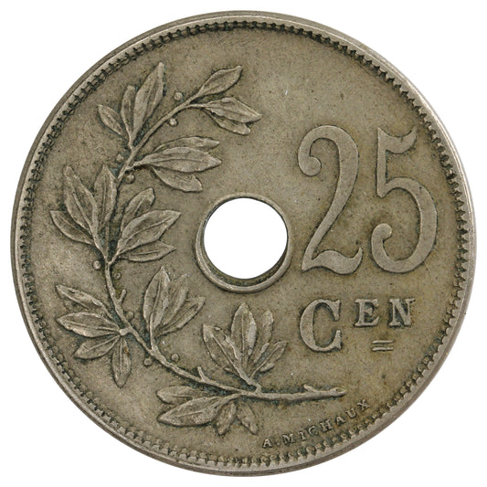 Belgium 1910 Dutch 25 Centimes Almost Uncirculated (AU-50)