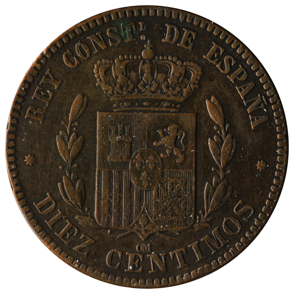 Spain 1877OM 10 Centimos VF-EF (VF30)