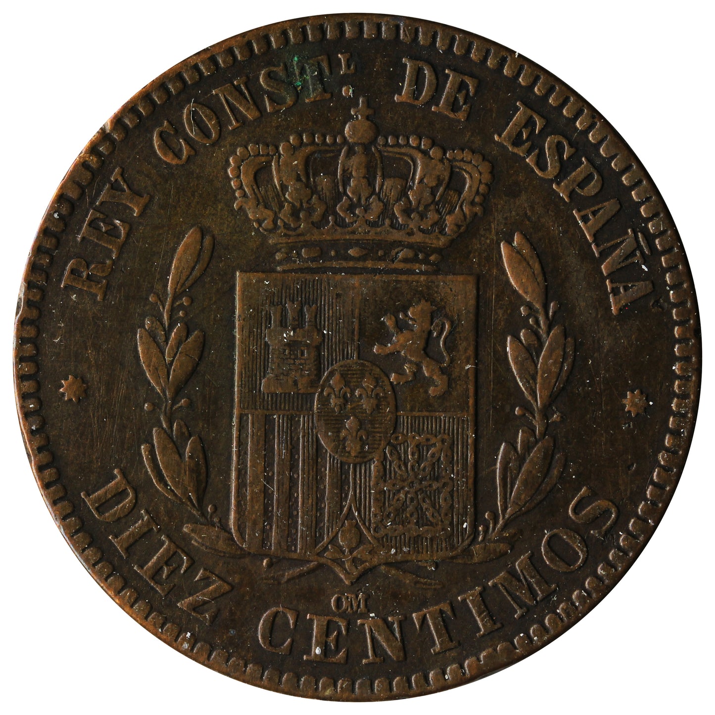 Spain 1877OM 10 Centimos VF-EF (VF30)