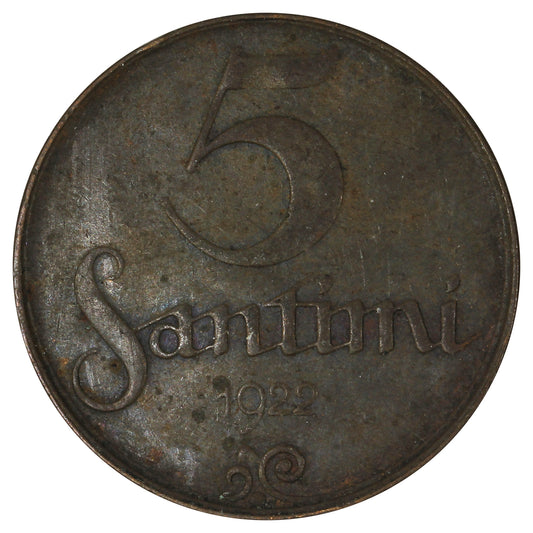 Latvia 1922 Mint Name 5 Santimi Very Fine (VF20)