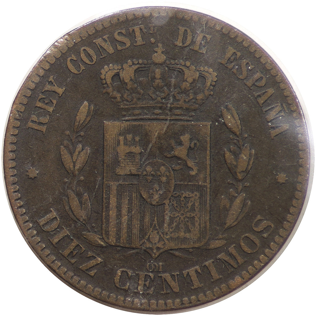 Spain 1879OM 10 Centimos Very Fine (VF20)
