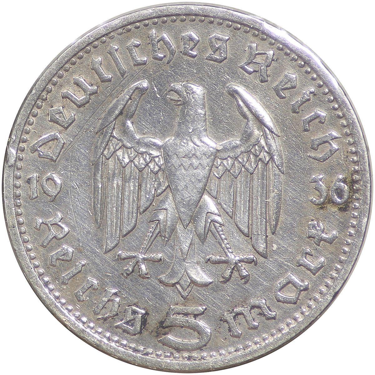 German Third Reich 1936D Hindenburg 5 Marks Extra Fine (EF40)