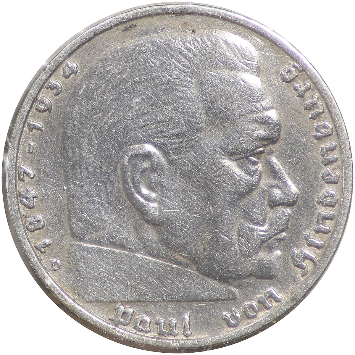 German Third Reich 1936D Hindenburg 5 Marks Extra Fine (EF40)