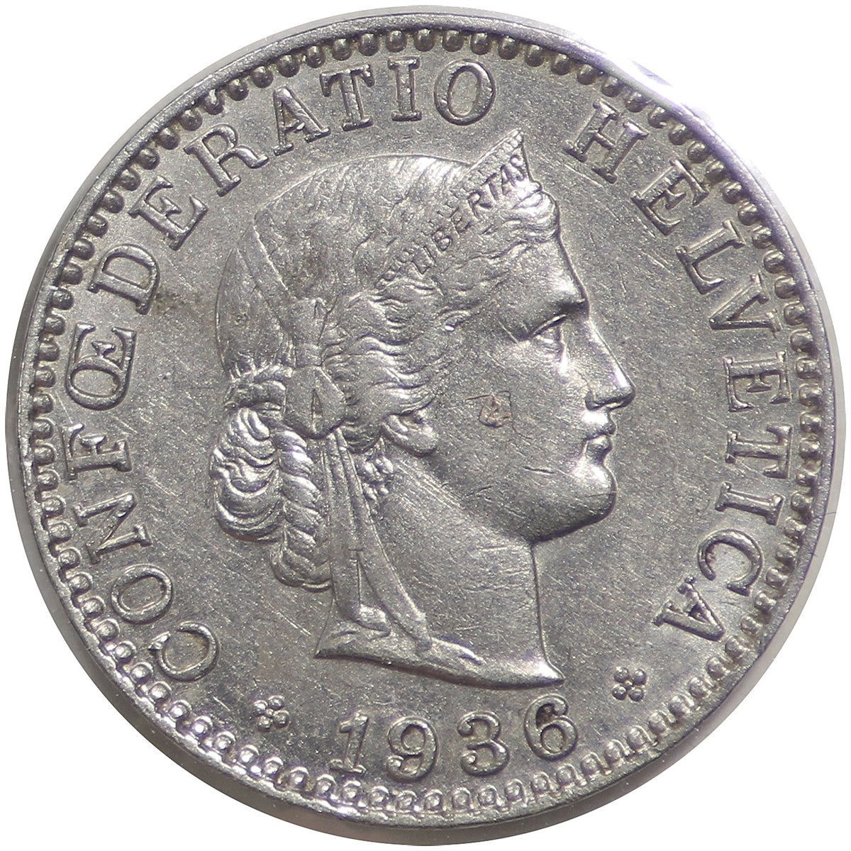 Switzerland 1936B 20 Rappen Almost Uncirculated (AU50)