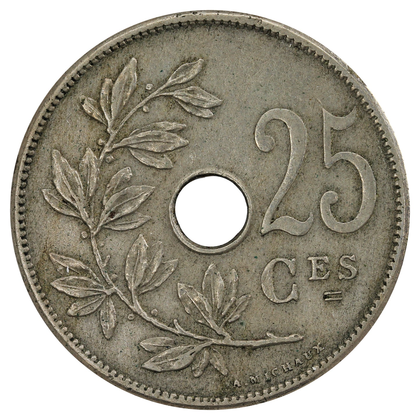 Belgium 1909 French 25 Centimes Almost Uncirculated (AU-50)