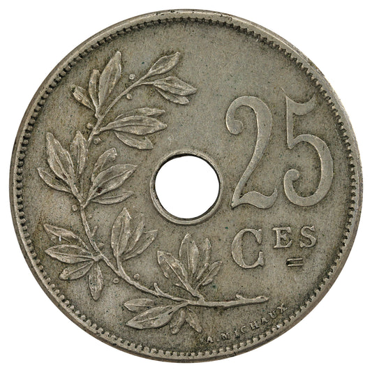 Belgium 1909 French 25 Centimes Almost Uncirculated (AU-50)