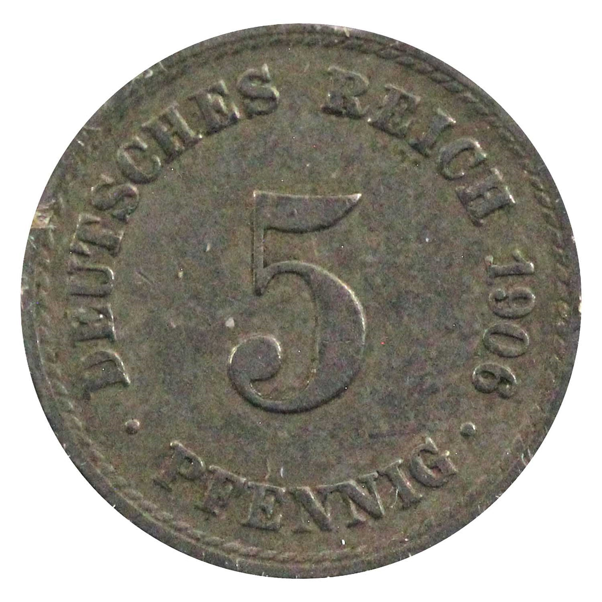 German Empire 1906A 5 Pfennig Almost Uncirculated (AU50)