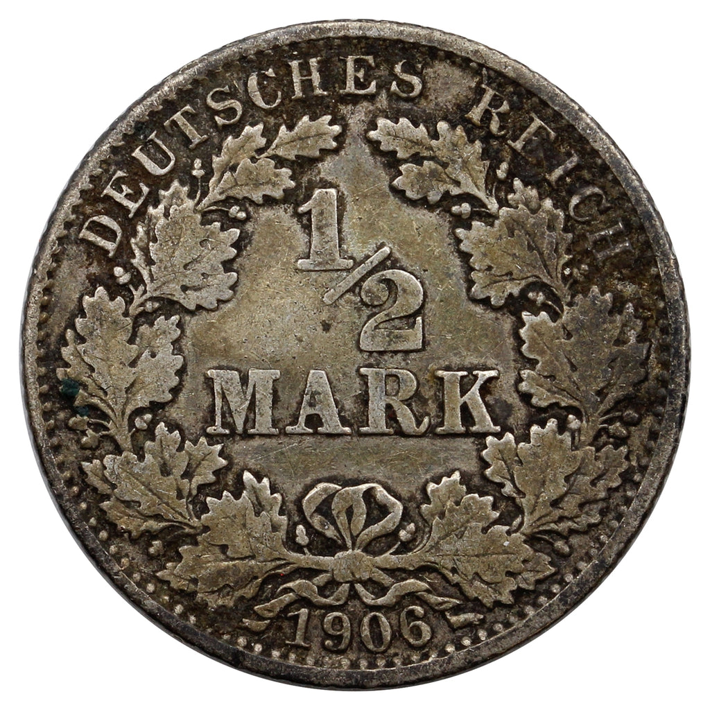 German Empire 1906G 1/2 Mark Extra Fine (EF40) $