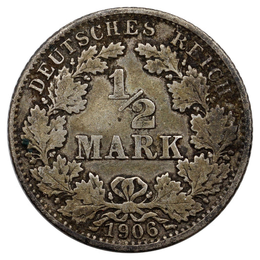 German Empire 1906G 1/2 Mark Extra Fine (EF40) $