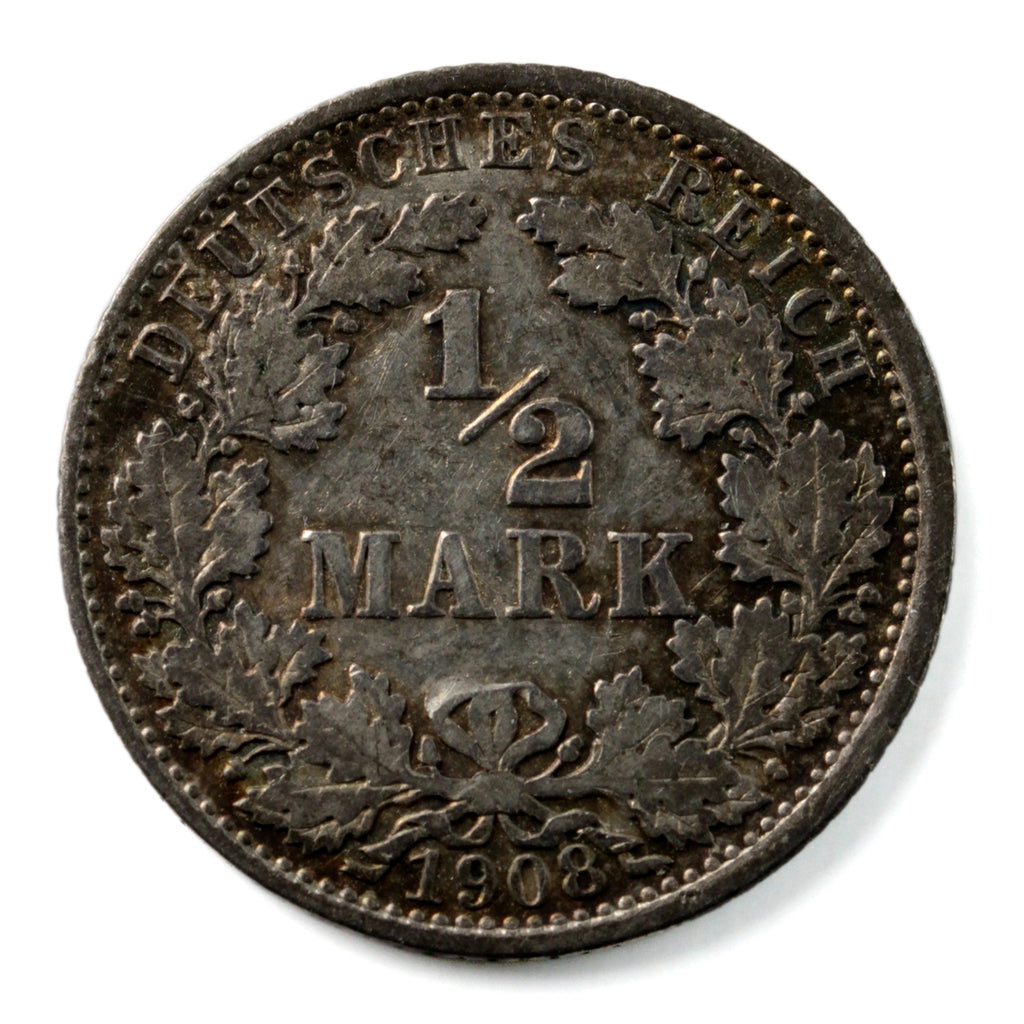 German Empire 1908A 1/2 Mark Almost Uncirculated (AU50) $