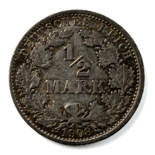 German Empire 1908A 1/2 Mark Almost Uncirculated (AU50) $