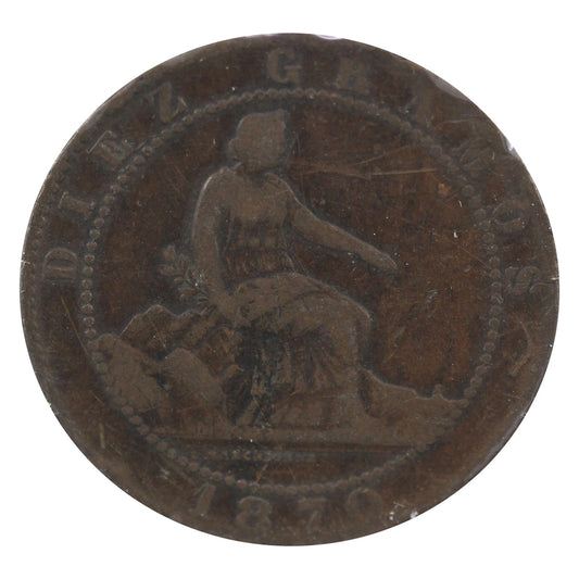 Spain 1870 OM 10 Centimos VF-EF (VF-30) $