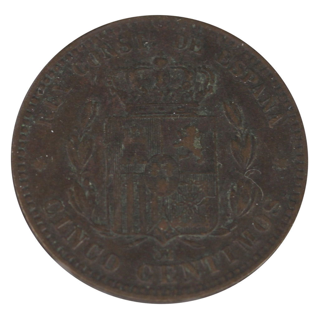 Spain 1877 OM 5 Centimos Almost Uncirculated (AU50) $