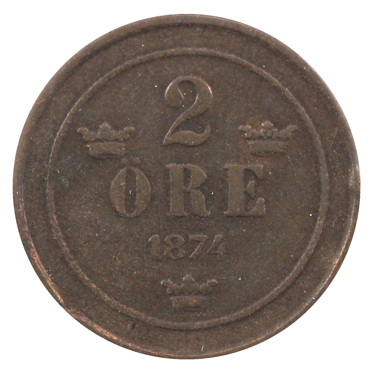 Sweden 1874 2 Ore Extra Fine (EF40)