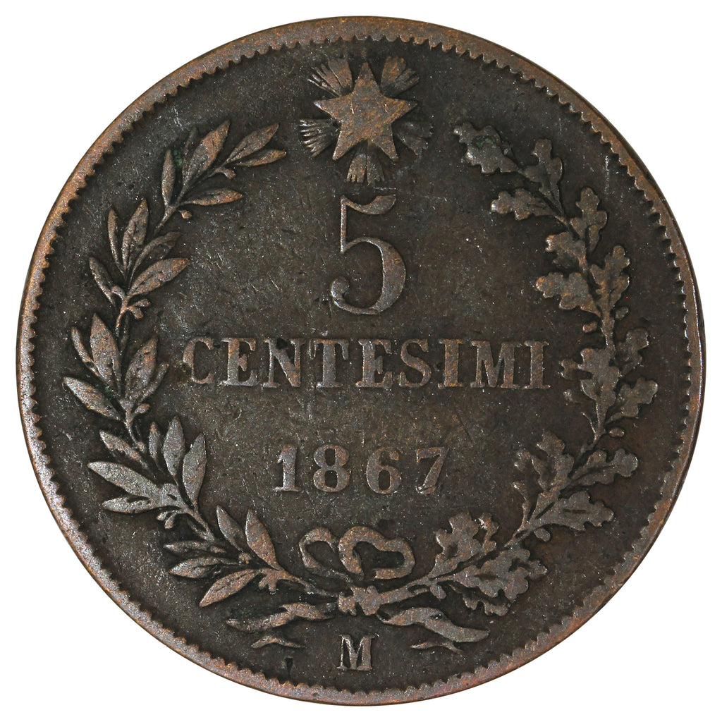 Italy 1867M 5 Centesimi Very Fine (VF20)