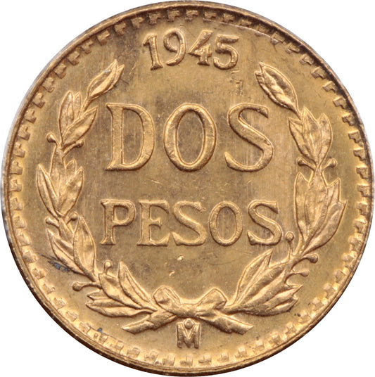 Mexico 1945 Dos (2) Pesos Gold Brilliant Uncirculated (MS63)