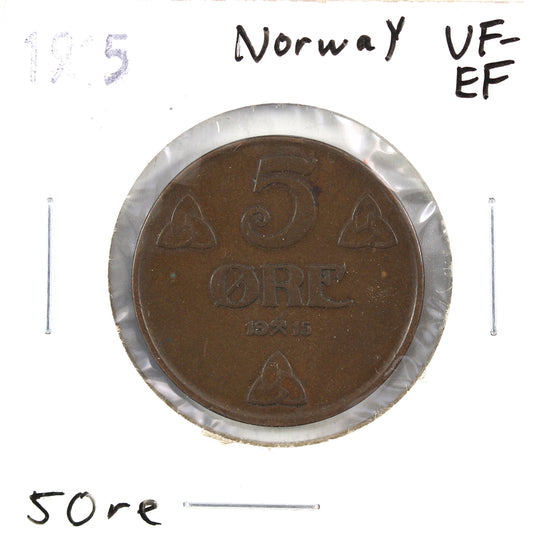 Norway 1915 5 Ore VF-EF (VF-30) $