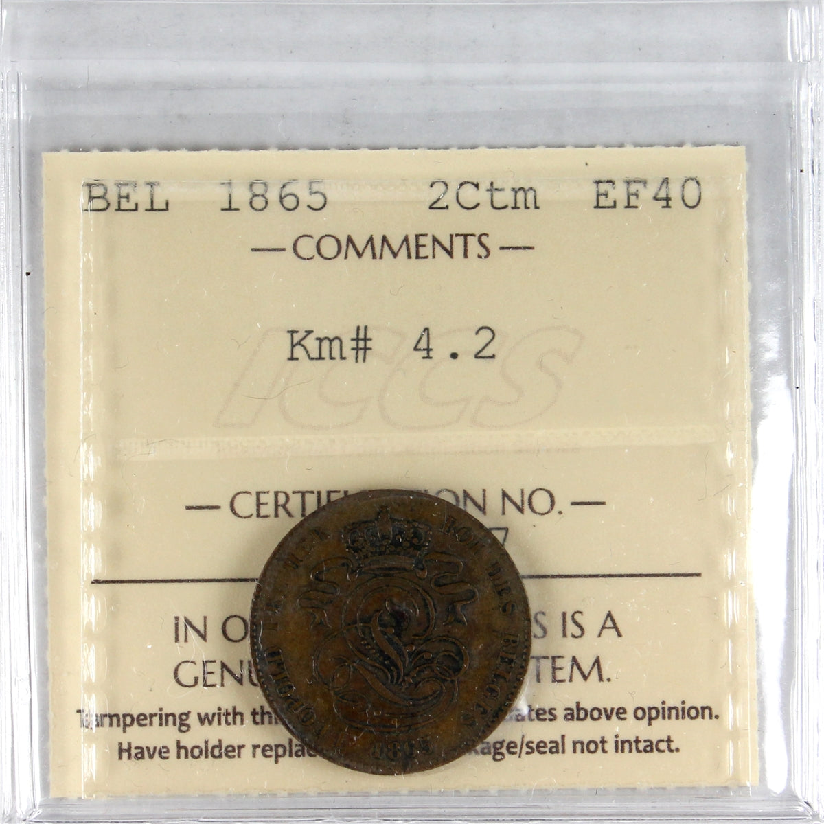 Belgium 1865 2 Centimes ICCS Certified EF-40 Km# 4.2