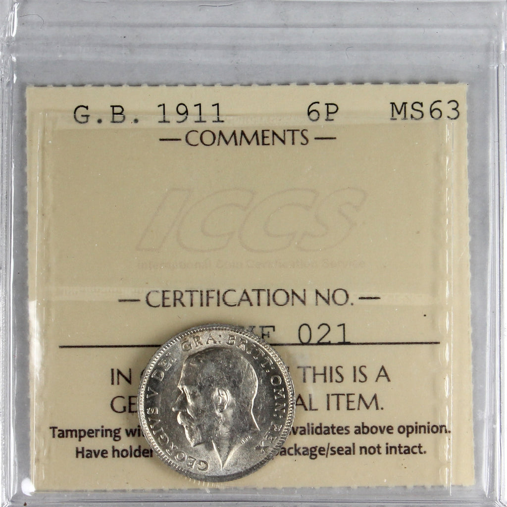 Great Britain 1911 Six Pence ICCS Certified MS63