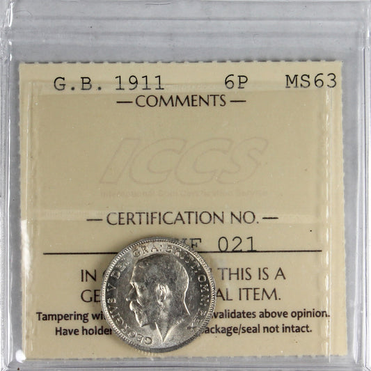 Great Britain 1911 Six Pence ICCS Certified MS63