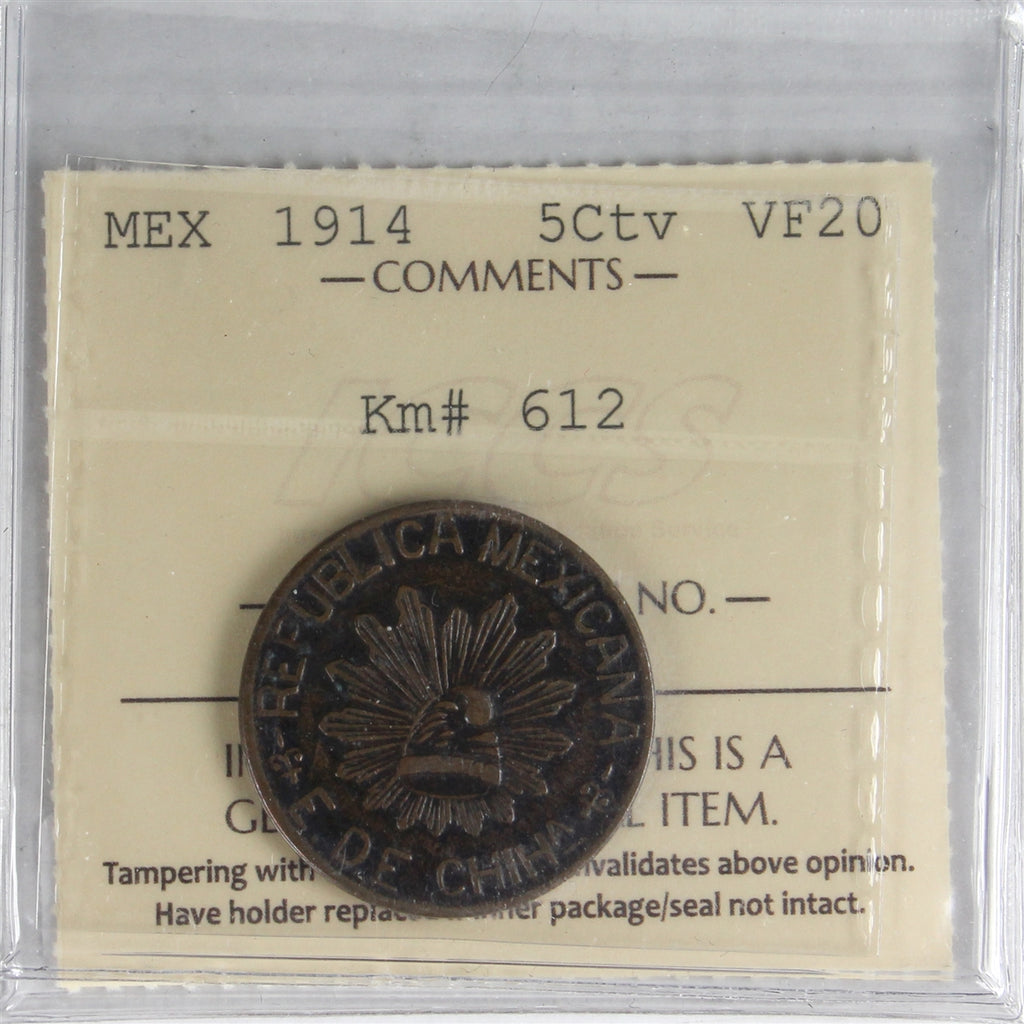 Mexico 1914 5 Centavos ICCS Certified VF20 Km# 612