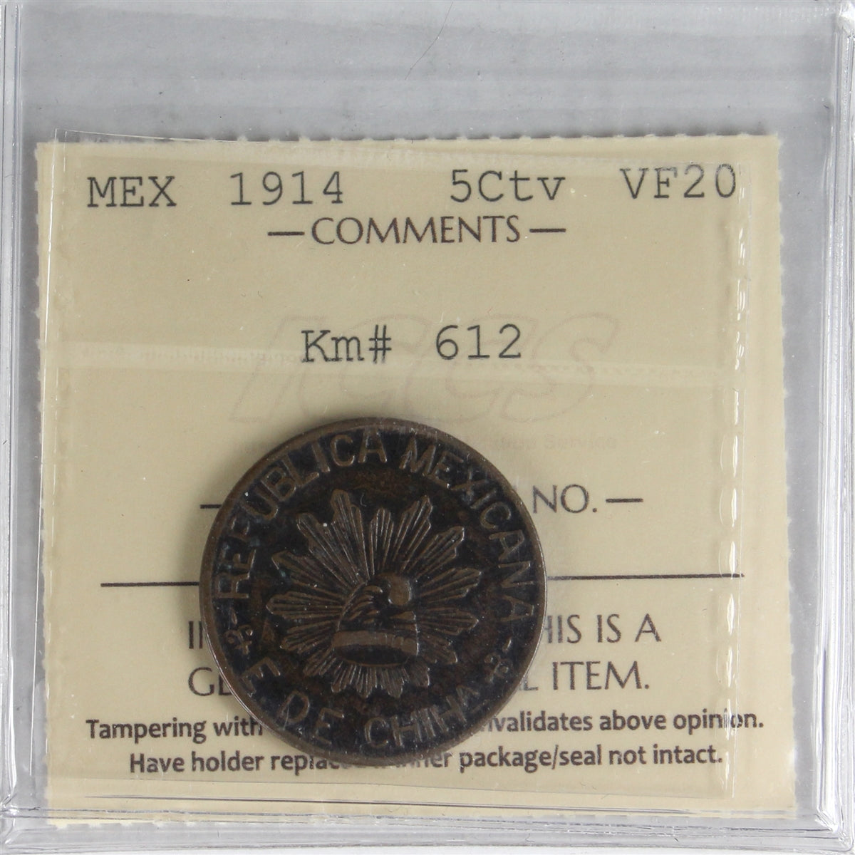 Mexico 1914 5 Centavos ICCS Certified VF20 Km# 612